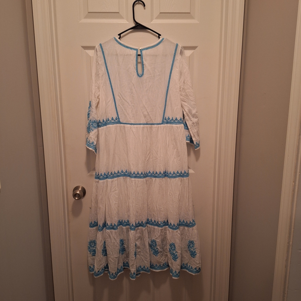 Soft Surroundings 100% Cotton White and Blue Embroidered Midi Juniper Dress - Picture 3 of 13